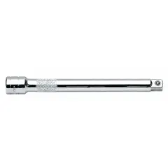This 3/8" drive hand socket extension extends the reach of a ratchet or torque wrench to access fasteners in recessed or confined spaces. It features a chrome finish and is suitable for automotive repair, machinery maintenance, and general mechanical work.
