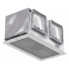 This ceiling-mount exhaust fan operates at 115V AC with two speeds, delivering up to 1106 cfm at 7 sones. It includes a grille and uses adjustable brackets for installation. The rectangular duct shape suits standard ventilation systems. Typical applications include removing moisture, odors, and airborne contaminants in bathrooms, locker rooms, and similar spaces.