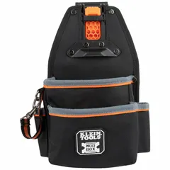 Polyester tool pouch with four pockets, designed to carry pliers and other hand tools. Clip attachment secures to belts up to 2 1/2 in wide. Measures 8 1/2 in W x 4 in D x 11 1/2 in H. Color: Black/Gray/Orange.
