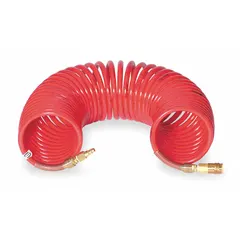Nylon coiled airline hose with 3/8 in inside diameter and 1/4 in Industrial Interchange fittings. Designed for use with supplied-air respirator systems to deliver breathable air in industrial environments.