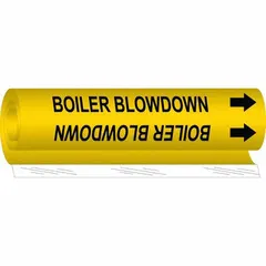 Wrap-around pipe marker for identifying boiler blowdown lines. Yellow background with black legend and directional arrows. Fits pipe outer diameters from 1/2 to 1-3/8 inches. Supplied as a single marker.