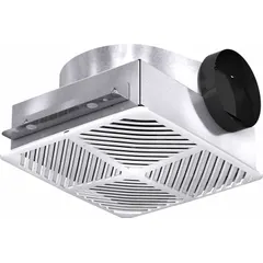 This ceiling-mounted exhaust fan is designed for standard bathroom ventilation, removing moisture and odors. It delivers up to 81 cfm at 0.9 sones, operates on 115V AC, and includes an aluminum backdraft damper. Mounting is via adjustable brackets, and the duct connection is round.