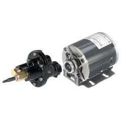 This direct-drive rotary gear pump features a cast iron body and steel gear, driven by a 1/3 hp motor at 115/230V AC. It is equipped with 1/4" FNPT ports for connection to piping. Typical applications include transfer of lubricating oils, hydraulic fluids, and other non-corrosive liquids in industrial fluid-handling systems such as machine-tool lubrication and oil-circulation loops.
