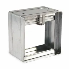 This static rectangular fire damper features a curtain blade design with gravity closure for vertical mounting. It is used in HVAC systems to prevent flame and smoke spread through ductwork in fire-rated partitions. Dimensions: 11 3/4 in height, 11 3/4 in width, 3 3/4 in length.