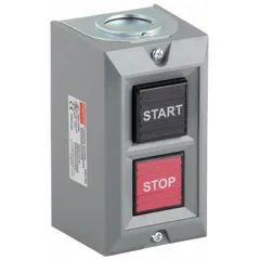 This push-button control station features two maintained push buttons in a Start/Stop configuration with 1NO/1NC contacts. Housed in a black enclosure, it is designed for indoor use in basic industrial control applications such as machinery or equipment operation.