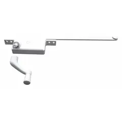 This left-hand crank window operator is designed for casement windows and mounts on the window frame. It includes a crank handle and features a powder-coated white finish. The base length is 4 3/4 inches. Suitable for residential and light commercial applications where manual opening and closing of casement windows is required.