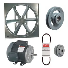 This unassembled belt-drive panel supply fan features a 24-inch blade and a totally enclosed motor. It delivers 5,292 cfm and operates on 115/208-230V AC single-phase power. Designed for industrial air-moving applications requiring a belt-drive configuration.