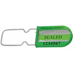 Plastic hasp padlock seal with 1 3/16 in hasp length and 100 lb breaking strength. Black sequential numbering with "Sealed" marking. Used for securing containers, cabinets, and meters to indicate tampering.