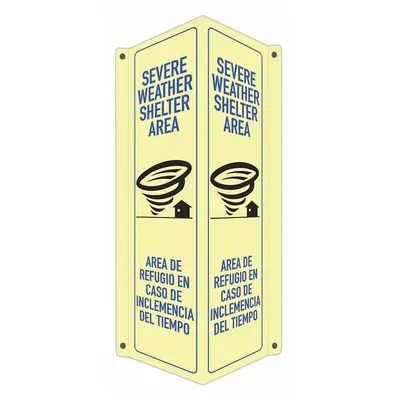 LYLE Safety Sign: Aluminum, Mounting Holes Sign Mounting - V-Shape Projection Severe Weather Shelter Area/Area De Refugio En Caso De Inclemencia Del Tiempo Signs