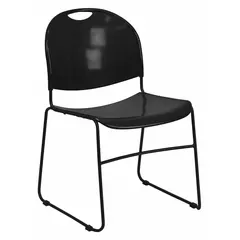 This plastic stackable chair features a steel frame for structural support. The seat and frame are finished in black. Suitable for commercial or institutional settings where space-saving seating is required, such as conference rooms, training centers, cafeterias, and event halls.