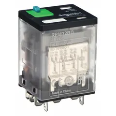 Socket-mounted relay with 3PDT contact configuration, rated 15 A at 24V DC. Features a square base with flat pins for plug-in mounting and quick-connect terminals. Designed for use with a compatible E socket in industrial control panels, automation systems, and general switching applications.