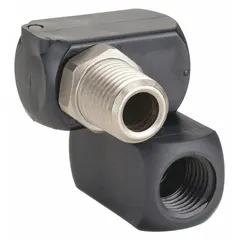 Double-pivot air line fitting constructed from nickel-plated 1215 CR composite with a Buna-N seal. Features a 1/4 in male NPT inlet and a female NPT outlet. Designed to reduce hose kinking and improve tool maneuverability in pneumatic systems by allowing 360-degree rotation at the joint.