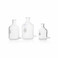 This 5 L glass reservoir bottle features a bottom outlet for controlled dispensing of liquids in laboratory settings. The colorless glass body and narrow mouth design suit storage and release of reagents, solvents, or distilled water. Includes one bottle with a height of 320 mm.