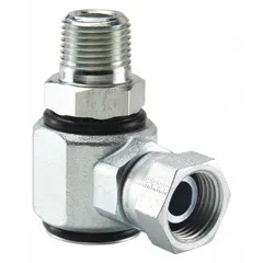 This 90-degree swivel fitting connects hydraulic hoses or pipes where a right-angle turn is needed, allowing rotation to reduce stress on the assembly. It has a zinc-plated steel body, a 3/4 in female NPSM inlet, a 3/4 in male NPTF outlet, and a nitrile seal. Maximum operating pressure is 3,000 psi.