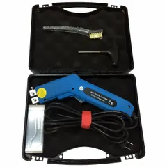 Handheld hot knife for cutting Polyethylene Terephthalate (PET) materials. Operates on 110-120V AC power. Used for trimming, shaping, and cutting PET sheets, films, and components in manufacturing and fabrication settings.