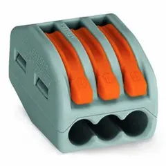 The WAGO 222-413 is a 3-port compact lever wire connector from the 222 Series, accepting solid wire sizes from 28 AWG to 12 AWG. Rated at 20 A and 600 V, it provides tool-free wiring for connecting conductors in junction boxes, control panels, and lighting systems.