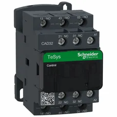 DIN-rail and surface-mount control relay with 24V AC coil voltage and 3 normally open, 2 normally closed contacts rated at 10 A. Suitable for switching and isolating loads in industrial control panels and automation circuits.