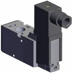 Three-way, two-position, normally closed directional control valve with single solenoid actuation. Ports are female 1/4 BSPT, and the solenoid coil operates on 24V DC. Used in pneumatic systems for automation, packaging, and material handling equipment.