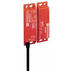 DC safety-interlock switch from the XCSDM Series with 1NO/2NC contact configuration, LED indicating light, and pre-cabled termination. Used for monitoring the position of movable guards on industrial machinery to prevent access to hazardous areas until safe conditions are met.