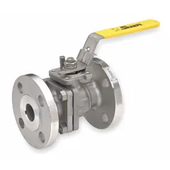 Two-piece straight valve body ball valve made of 316 stainless steel with a polymer seat and locking lever handle. Designed for manual on/off flow control in industrial piping systems handling compatible media.