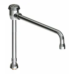 This single-bend gooseneck spout is constructed of brass with a polished chrome finish. It features a swivel design and laminar flow outlet, with a UNEF connection. Includes mounting hardware for installation. Suitable for use in commercial faucet systems requiring a durable, corrosion-resistant spout.