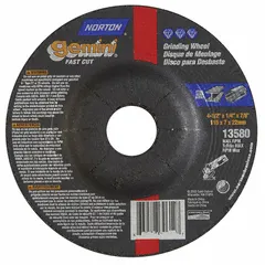 General purpose grinding wheel for carbon and stainless steel. Type 27 depressed center design, 4 1/2" x 1/4" x 7/8", 24 grit aluminum oxide. Suitable for material removal on flat surfaces, weld seams, and edges.