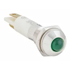 This LED indicator pilot light features a green raised head for clear visual signaling. It has a 0.11 Male Quick Disconnect electrical connection and is designed for panel mounting. Typical applications include status indication on industrial control panels, automation equipment, and machinery.