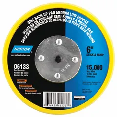 Threaded-shank backing pad for pressure-sensitive adhesive discs. 6-inch diameter, 1/2-inch thickness, with 5/16"-24 threaded-shank connection. Non-vacuum type for use in sanding and finishing applications on metal, wood, and automotive surfaces.