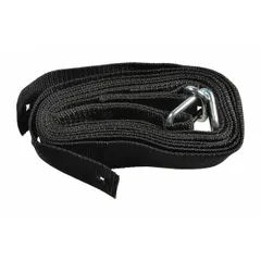 This hand truck cargo strap accessory is constructed from steel and woven polyester. It measures 1 3/8 inches in height, 2 1/2 inches in width, and 144 inches in overall length. The belt with front clasp is used to secure loads during transport in industrial and warehouse settings.