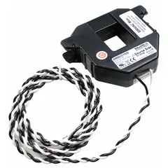 Split core current transformer with rectangular window and wire lead connection. Rated for 400 A maximum primary current and 5 A maximum secondary current. Used for non-invasive AC current measurement in power monitoring and energy management applications.