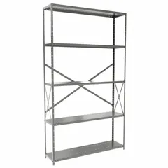 This HALLOWELL medium-duty standalone open metal shelving unit is constructed from steel with a gray finish. It measures 48 inches wide by 12 inches deep with an overall height of 84 inches and includes five shelves. The unit is supplied unassembled. Typical applications include storage of tools, parts, boxes, and supplies in warehouses, factories, and commercial facilities.