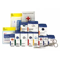 Bulk unitized refill for first aid kits serving up to 50 people. Contains 95 components including 25 metal detectable bandages, 2 trauma pads, and 10 hand sanitizer packets. Latex-free, no medication. Complies with ANSI/ISEA Z308.1-2021 Type I/II. Suitable for food service environments where metal-detectable bandages are required.
