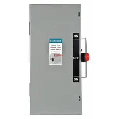 The Siemens DTNF362 is a 60 A, three-phase, non-fusible safety switch rated for 600V AC. It features a galvanized steel enclosure designed for indoor use. This switch provides a visible break for safe disconnection in electrical systems, commonly used for motor control, HVAC equipment, and machinery isolation.
