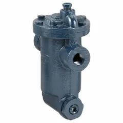 Cast-iron inverted-bucket steam trap with 1/2-inch FNPT connections, rated for 750 lb/hr capacity and 250 psi maximum pressure at 450°F. In-line configuration with horizontal installation orientation. Integral strainer included. Used to automatically drain condensate from steam lines while preventing steam loss in industrial steam systems.