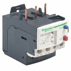 Three-pole thermal overload relay with integrated bimetallic elements, requiring no external thermal units. Features screw clamp terminals and a 1NO/1NC auxiliary contact configuration. Rated for 690V AC and compatible with TeSys Deca contactors in the 9 to 38 Amp range. Used for motor protection in industrial control panels and machinery.