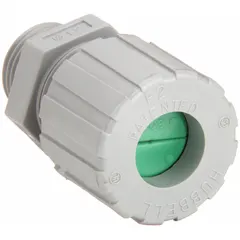 Straight cable grip with 1/2 in MNPT box connection, accepts cord diameters from 0.06 to 0.13 in. Gray nylon body with green color-coded grommet. Rated for Class III, Division 1 & 2 hazardous locations. Suitable for securing wiring in environments with combustible fibers or flyings.