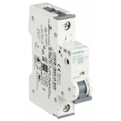 This 1-pole supplementary protector from the Siemens 5SY4 series features a C-curve trip characteristic and a rated current of 1 A. It is designed for DIN rail mounting and provides overcurrent protection with a maximum interrupting rating of 10 kA at 230/400 V AC and a DC voltage rating of 72 V. The screw clamp terminals facilitate secure wiring connections in control panels and similar applications.