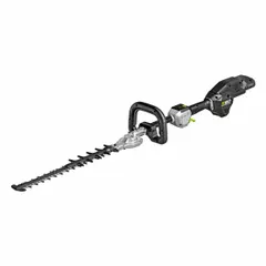 This battery-powered hedge trimmer operates on a 56 V platform, featuring a 21-inch blade length and a 1 1/8-inch cutting width. It is designed for trimming and shaping hedges, shrubs, and bushes in residential and commercial landscaping. The cordless design provides maneuverability for medium to large hedges.