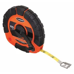 Manual closed-reel long tape measure with a 100 ft SAE steel blade marked in inches with 1/8 in graduations. Features a single-sided, hook-end design with a nonmagnetic stainless steel hook. Suitable for measuring distances in construction, industrial, and surveying applications.