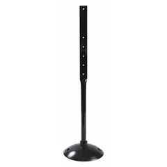 This portable sign post features a 35 lb round base for stable placement of temporary or semi-permanent signage. The black base measures 17 in by 17 in, supporting a 4 ft post without breakaway feature or integrated wheels. Suitable for use in industrial facilities, warehouses, and parking areas where portable signage is needed.