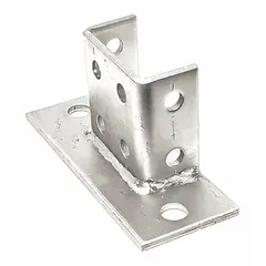 Post base for double strut channels, designed to secure vertical posts to a 1-5/8 in x 3-1/4 in strut channel. Made of 304 stainless steel with 8 holes of 9/16 in diameter. Used in industrial framing and support systems for pipe supports, cable trays, and equipment mounting.