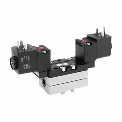 This AVENTICS Series 581 directional control valve is a double solenoid, five-way/two-position, female ported unit with spring return. It operates on 24V DC and features an internal pilot. Suitable for directing airflow in industrial pneumatic systems such as actuators and cylinders.