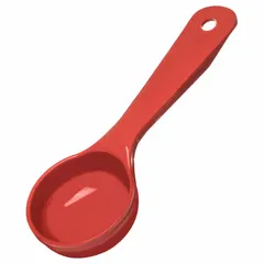 Acetal portion control spoon with a solid bowl and short handle, designed for dispensing 2 oz servings. Red color aids identification in foodservice environments. NSF certified.