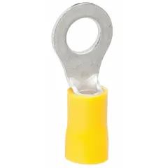 This insulated ring terminal features a yellow vinyl insulation and is rated for 600 V. It has a 1/4 in stud size and is designed for crimp termination onto copper wire. Commonly used in electrical connections requiring secure fastening to studs or screws.