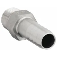This 316 stainless steel rigid barbed hose fitting connects a 5/8 in hose to NPT threaded ports. It features a hex grip for wrench tightening and is suitable for air, water, or chemical transfer in industrial fluid handling systems