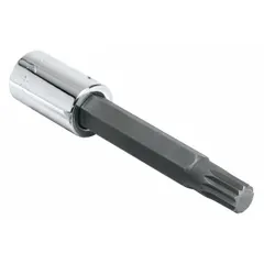 This 12-point bit socket features an 8 mm tip size and a replaceable insert design, allowing the tip to be swapped when worn. It is used for driving 12-point fasteners in applications such as automotive repair, machinery maintenance, and industrial assembly.