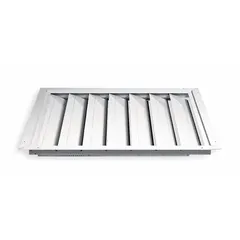 This single-panel backdraft damper is designed for horizontal mounting in ceiling or roof openings. It features flat blades and supports horizontal airflow direction with a maximum air velocity of 2250 fpm. Dimensions: 50 in height, 50 in width, 1 5/8 in depth.