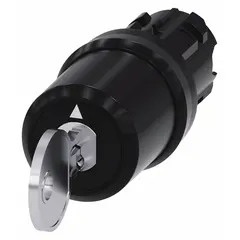 This Siemens keyed selector switch is a 3-position, 22 mm panel-mounting device from Series 3SU, supplied without contacts. It features a maintained/maintained/maintained switch action and key removal only in the left position. Typical applications include industrial control panels where secure mode selection is required, preventing unauthorized operation.