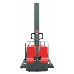 Electric straddle stacker with hydraulic lift mechanism. Adjustable forks 45 5/16 in long by 3 7/8 in wide, width across forks adjustable from 10 in to 31 in. Maximum lifting height 63 in. Used for lifting and moving palletized loads in warehouses and light industrial facilities.