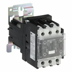 This non-reversing IEC contactor features 3 poles and 3 normally open contacts, rated for 50 A with a 24 V DC coil. It is designed for switching electrical loads in motor control and automation systems, such as conveyors, pumps, and compressors. This model does not include integrated surge suppression.